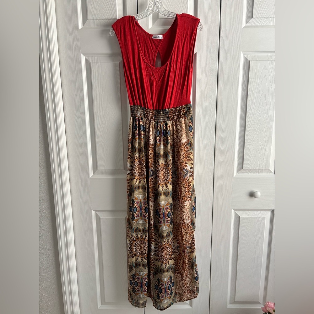 Rebellious Dreamer Red and Brown Sleeveless Maxi Dress